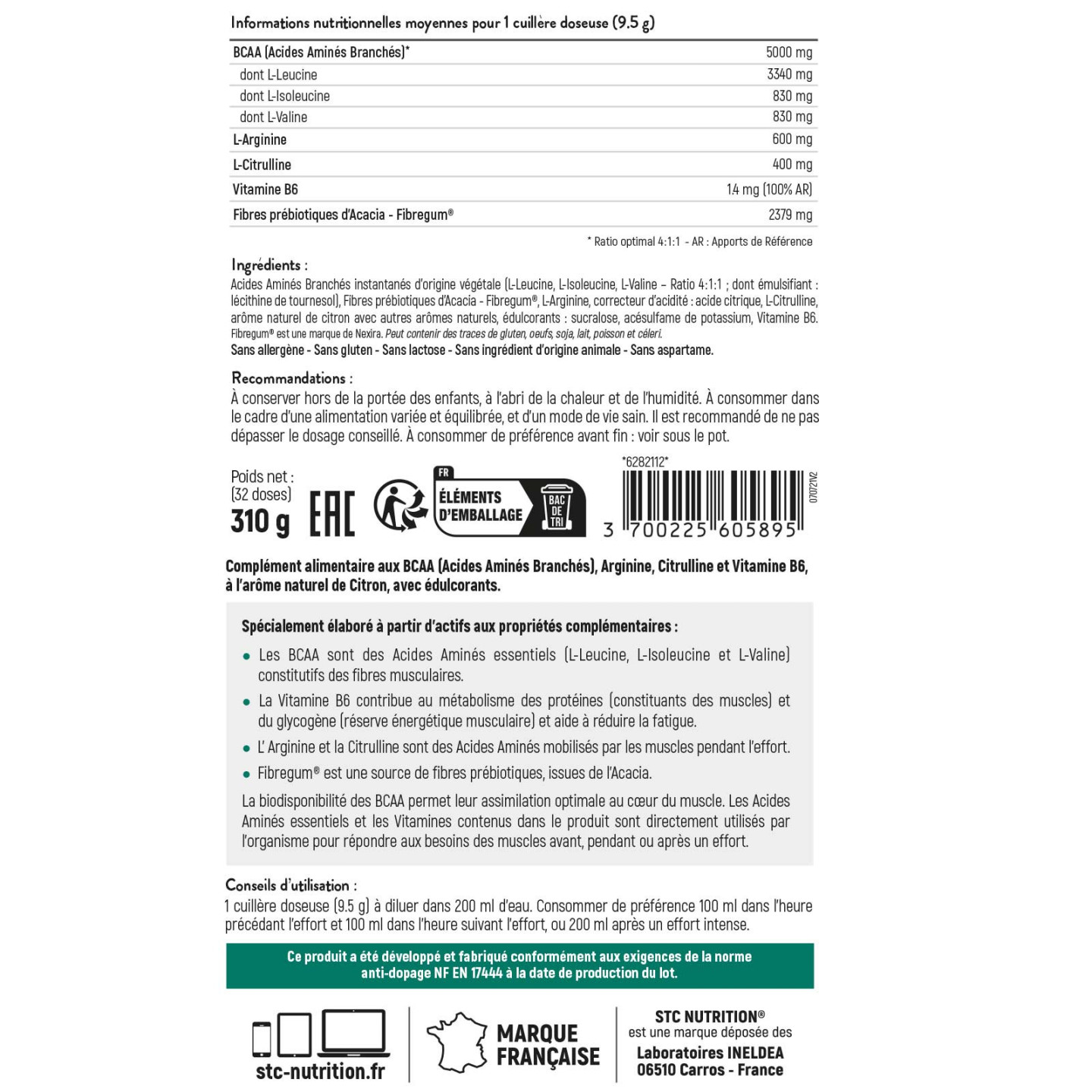 BCAA 4.1.1 - BCAA récupération en poudre, Complexe d’acides aminés