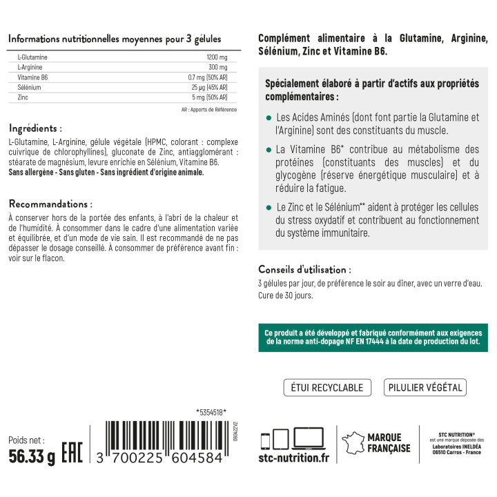 GLUTAMINE 1200 - Récupération physique et Immunité - Vegan - Cure 30j