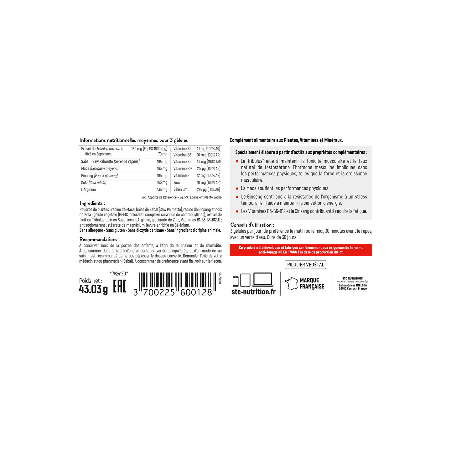 TRIBULUS SYNERGY + - Force et résistance musculaires - Cure 30 jours