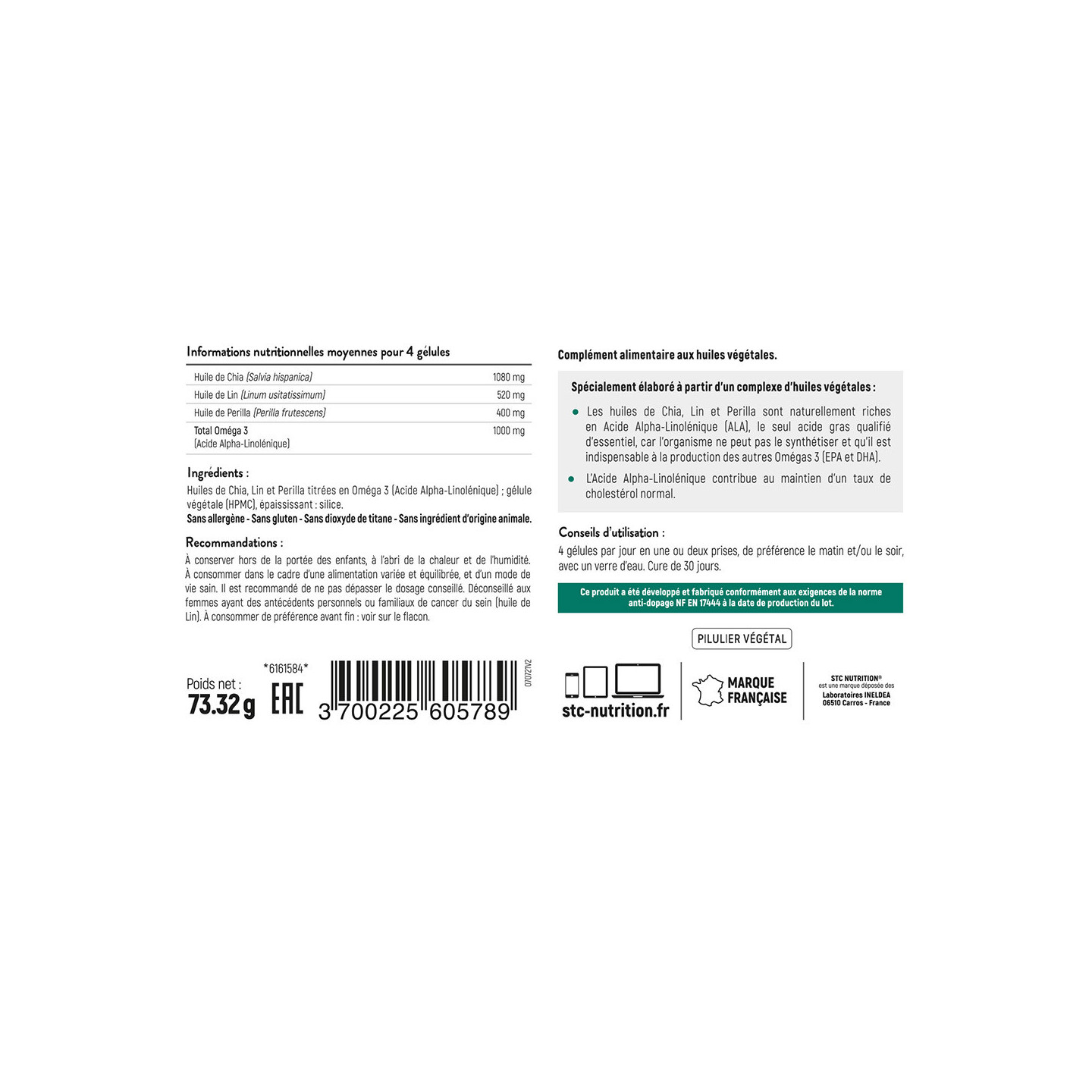 OMEGA 3 VEGETAL - Fonction cardiovasculaire - Vegan - Cure 30 jours